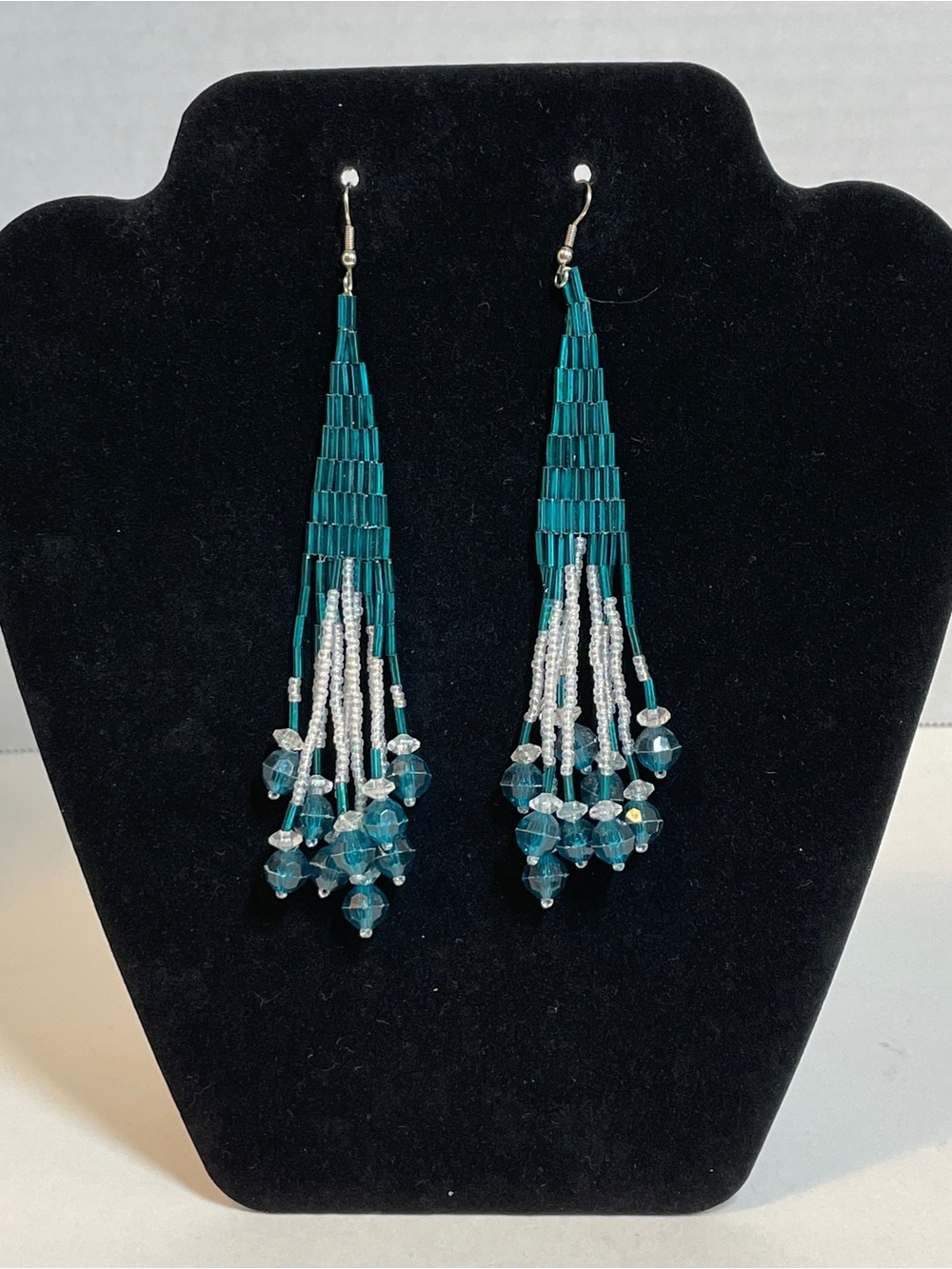 Native American Seed beaded earrings dangle, Teal & White 9 Strands Fringe